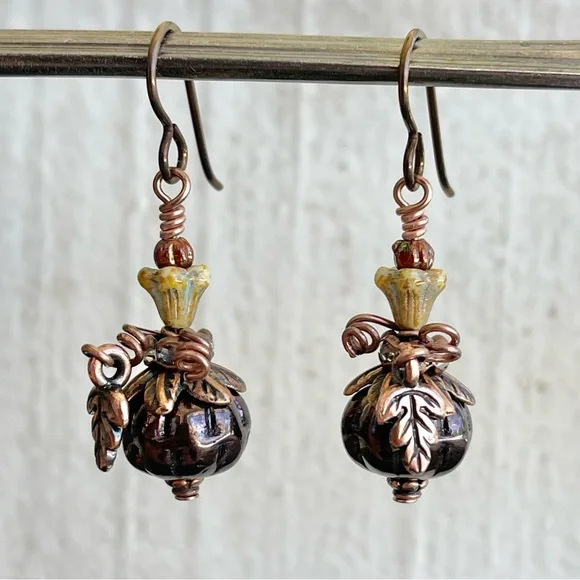 Hand Crafted “Midnight Pumpkin” Dangle Earrings - Picture 6 of 12